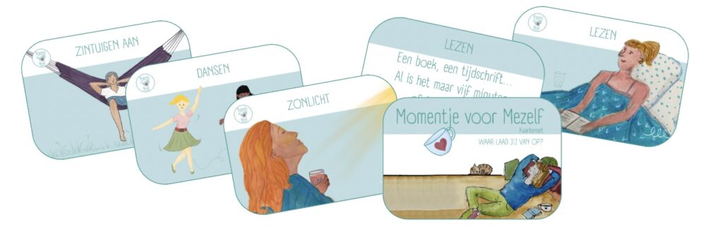 selectie kaartjes met tekeningen en tekst over momentjes voor mezelf