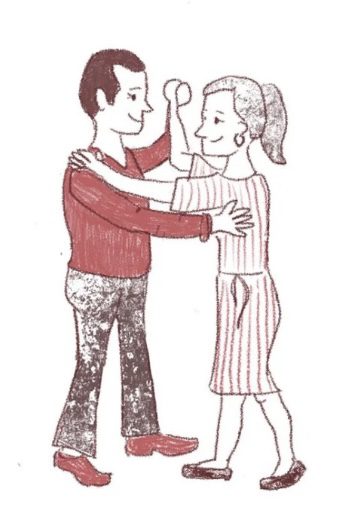 twee mensen, een manfiguur en een vrouw figuur staan in danshouding en dansen samen.