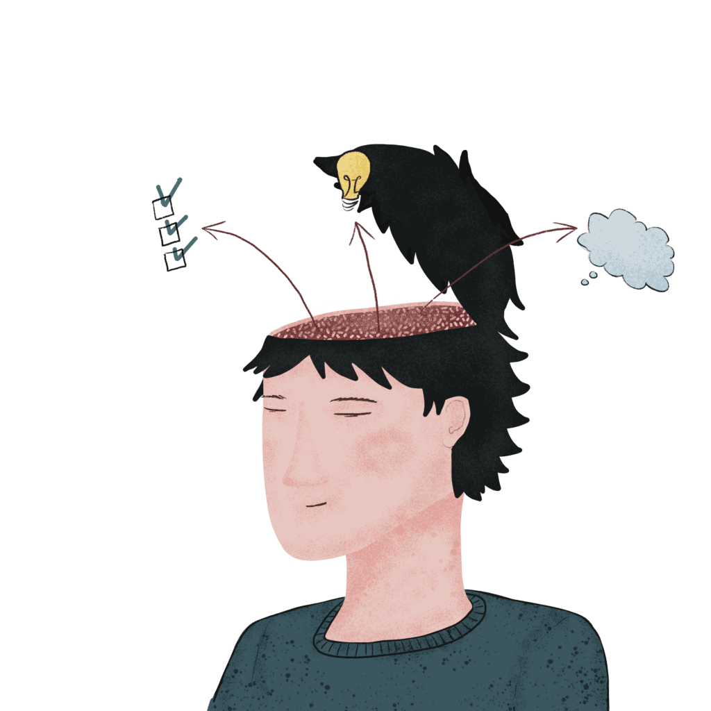 illustratie van een hoofd waar letterlijk dingen uitkomen, een checklist, idee (lampje) en een denkwolk