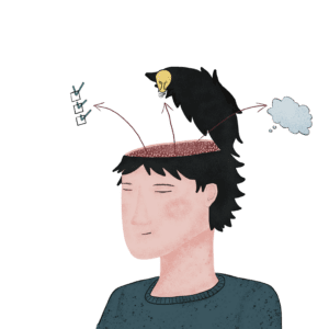 illustratie van een hoofd waar letterlijk dingen uitkomen, een checklist, idee (lampje) en een denkwolk