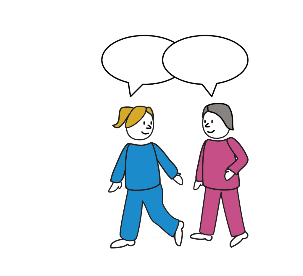 tekening van twee figuren die samen wandelen en in gesprek zijn